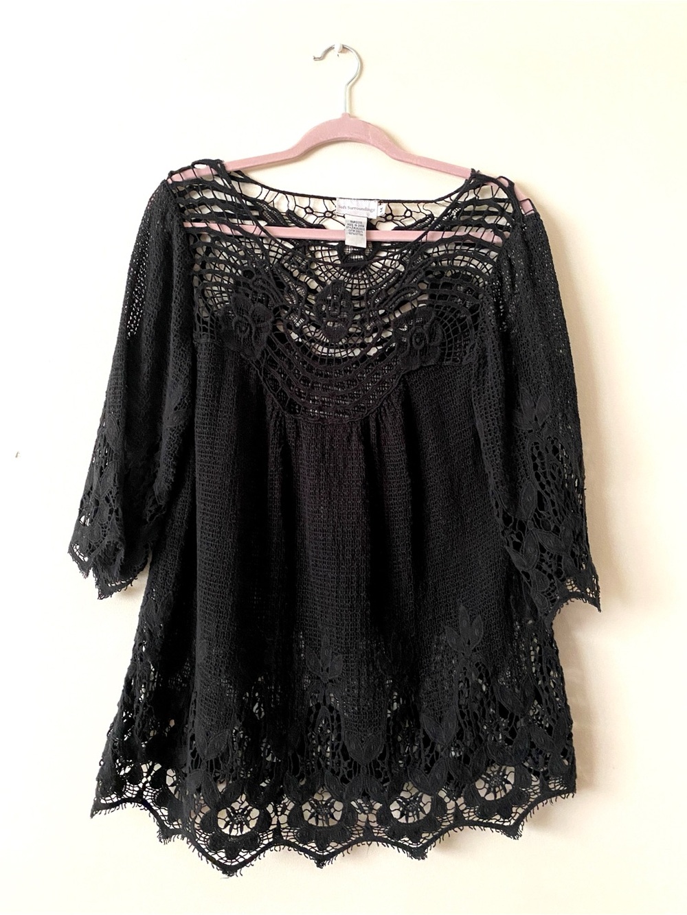 Soft Surrounding Black Crochet Tunic Top Cover Up Boho Summer Festival Size M
